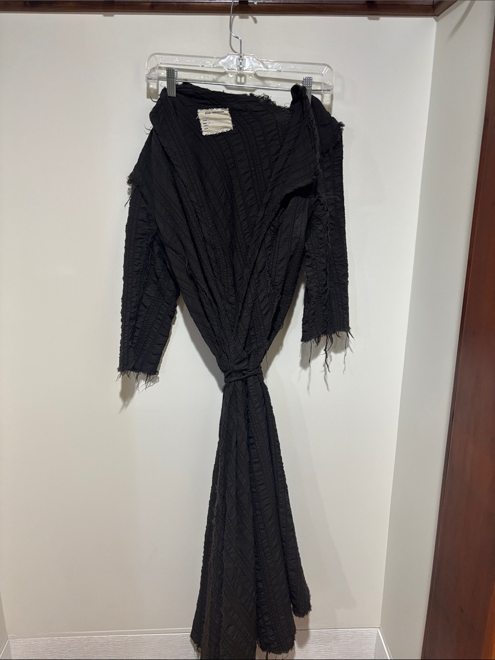 Black Long-Sleeve Tie-Waist Textured Maxi Dress
